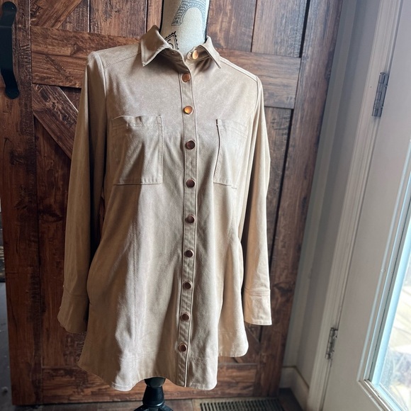 Free people Nwot tan suede button up collared shirt dress size‎ small - Picture 1 of 8